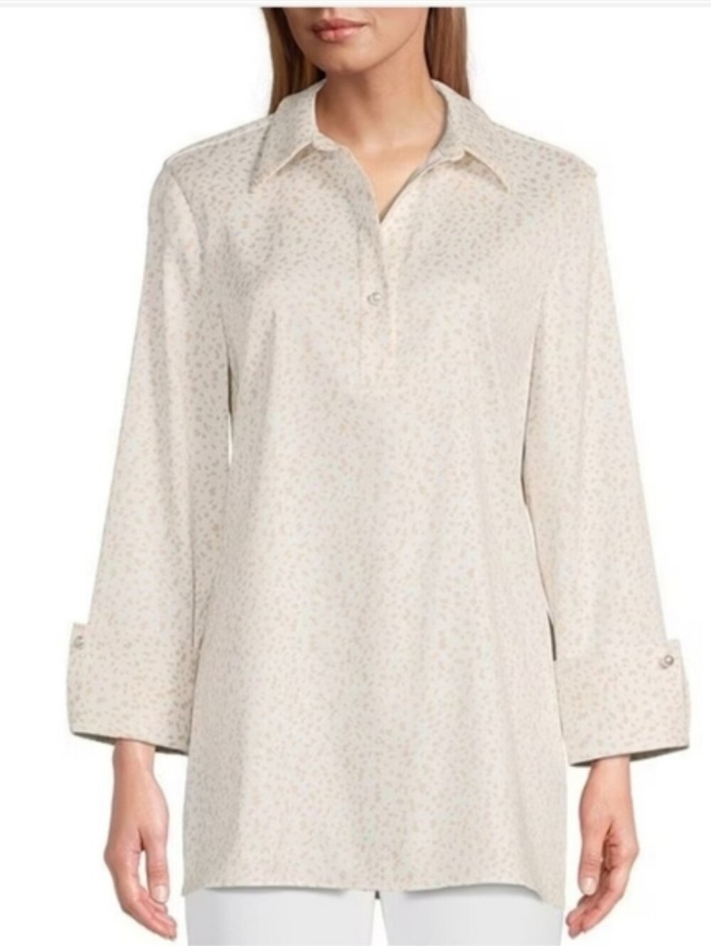 Woman’s Preston & York Brown Speckled Collard 3/4 Button Pullover Blouse Size XL